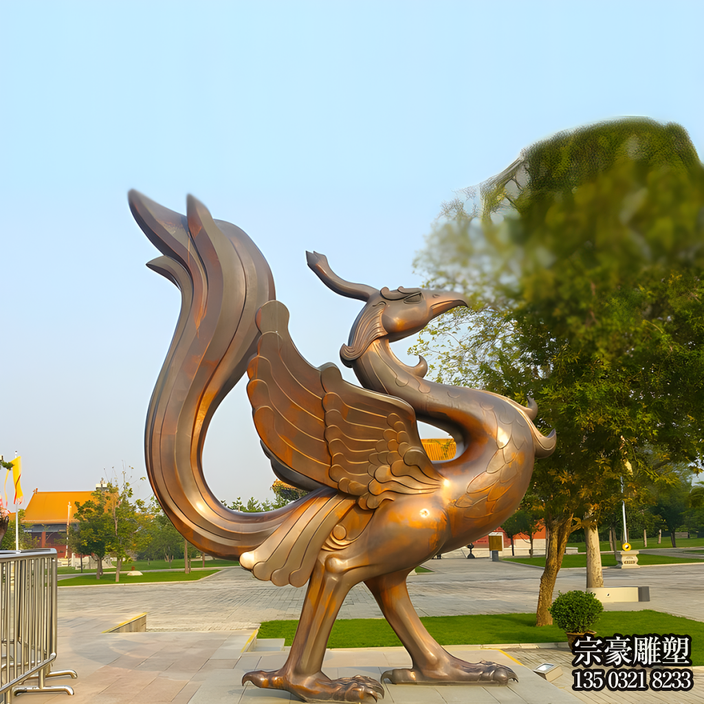 朱雀銅雕，紫銅色鑄銅神獸朱雀雕塑