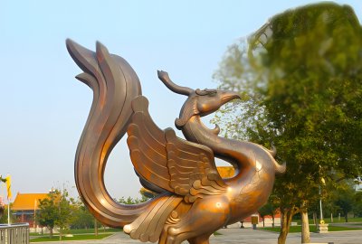 朱雀銅雕，紫銅色鑄銅神獸朱雀雕塑